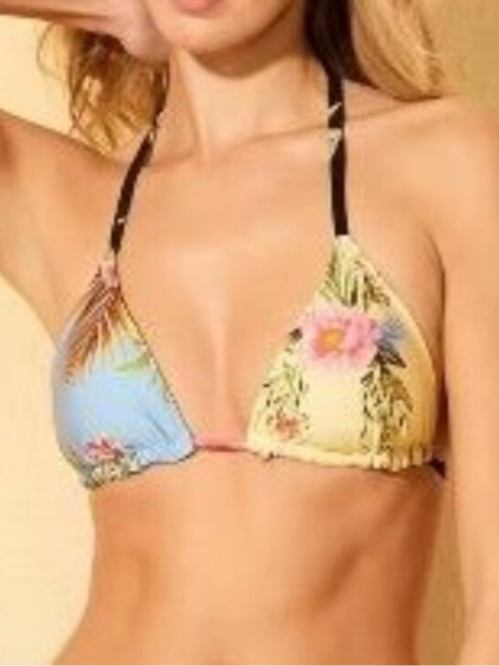 Shade and Shore Yellow Blue & Black Floral Triangle Bikini Top REVERSIBLE